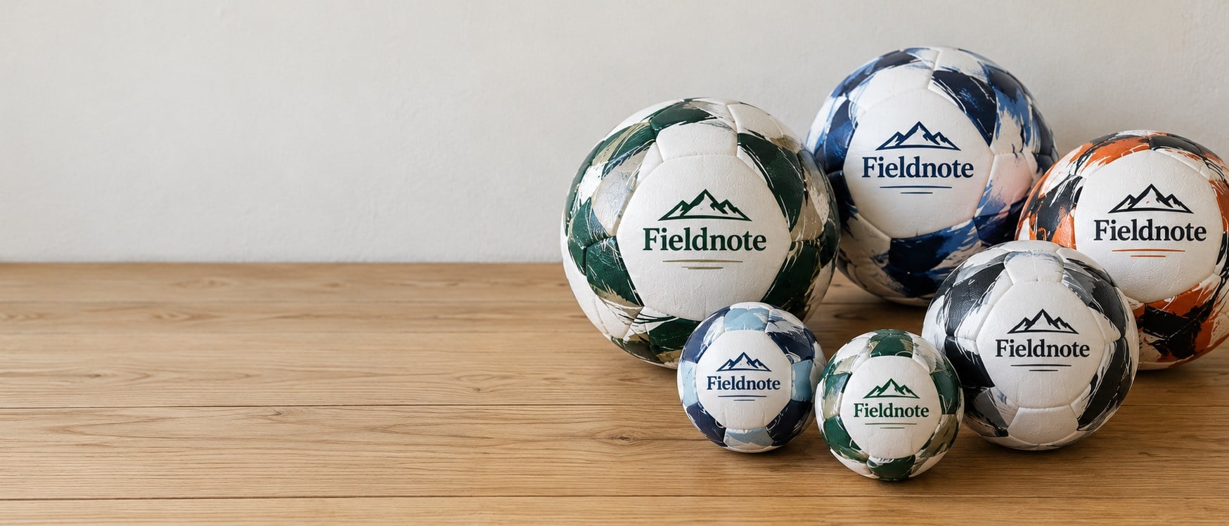 Custom soccer balls with one brand name on light oak boards